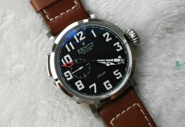 Zenith Pilot Type 20 GMT 48mm Edelstahl und Leder Uhr schwarzes