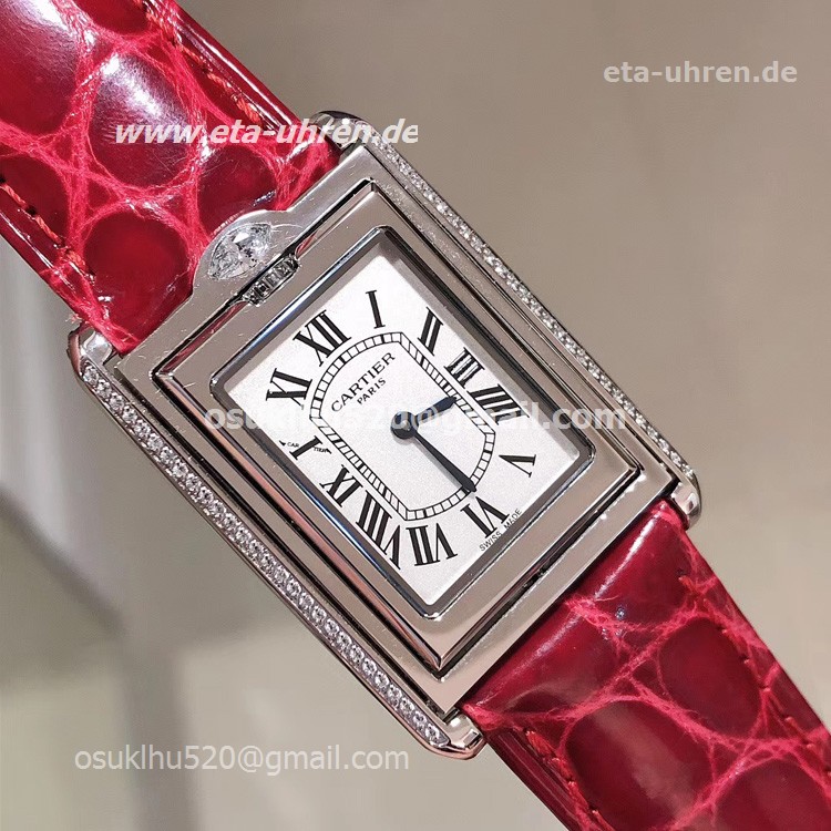  Cartier Stainless steel Tank Basculante Diamond Watch Red leather strap