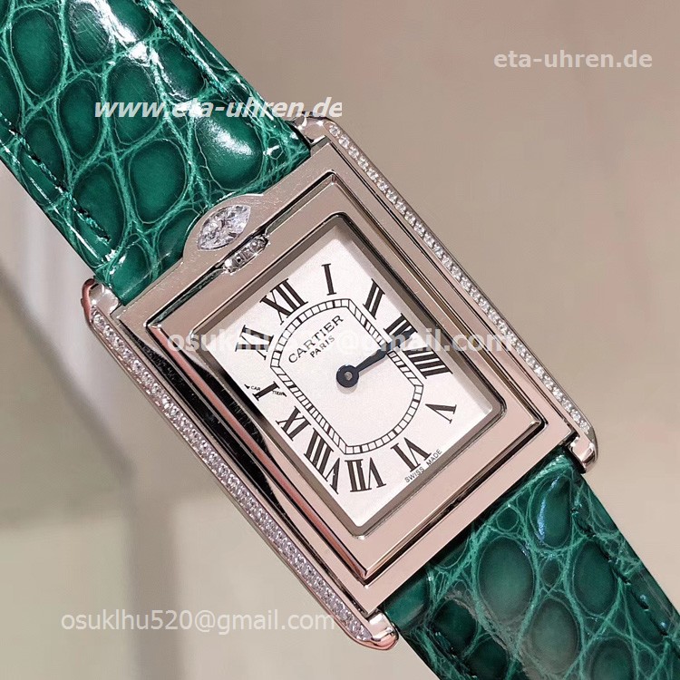 Cartier Tank Reversible Cabriolet Diamonds Damenuhren grünes Lederband