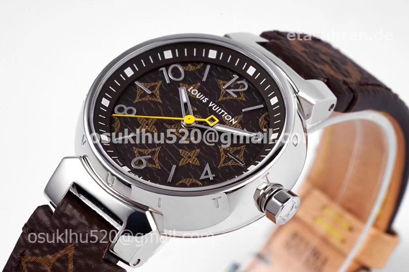 LV Tambour Slim Monogram Stahl auf Lederarmband Damenuhren Quartz Braun 1:1