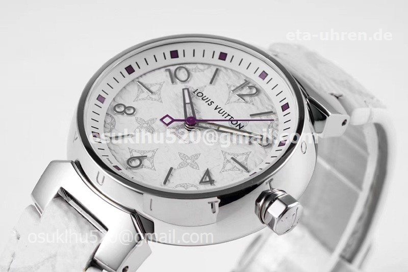LV Tambour Slim Monogram Stahl auf Lederarmband Damenuhren Quartz Weißes 1：1