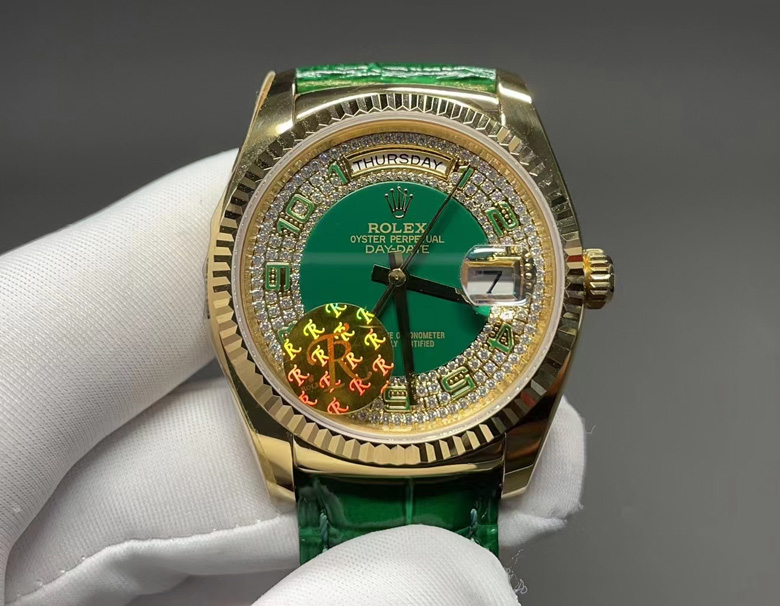 Rolex Day-Date 36 Yellow Gold Diamond Paved Dial Green Leather Watch 118138