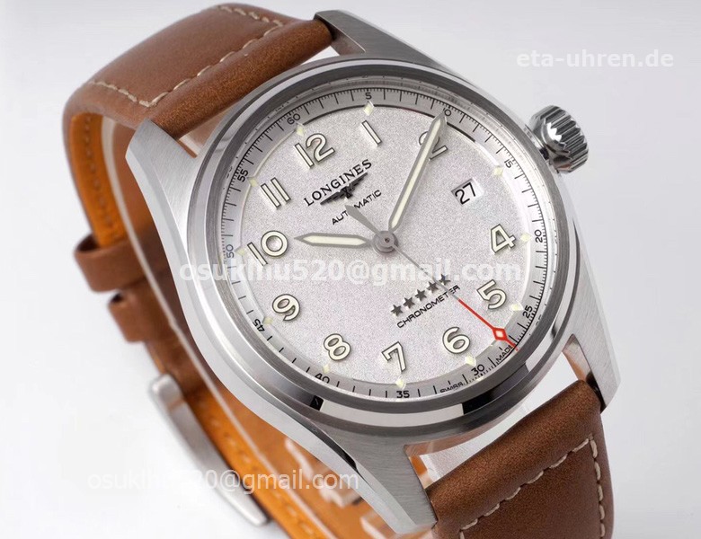 Longines Spirit 42 mm 5 Sterne Silber Zifferblatt Lederarmband