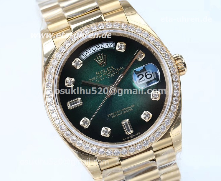 Rolex Day-Date 36 128348RBR Gelbgolduhr Green/Diamonds Dial