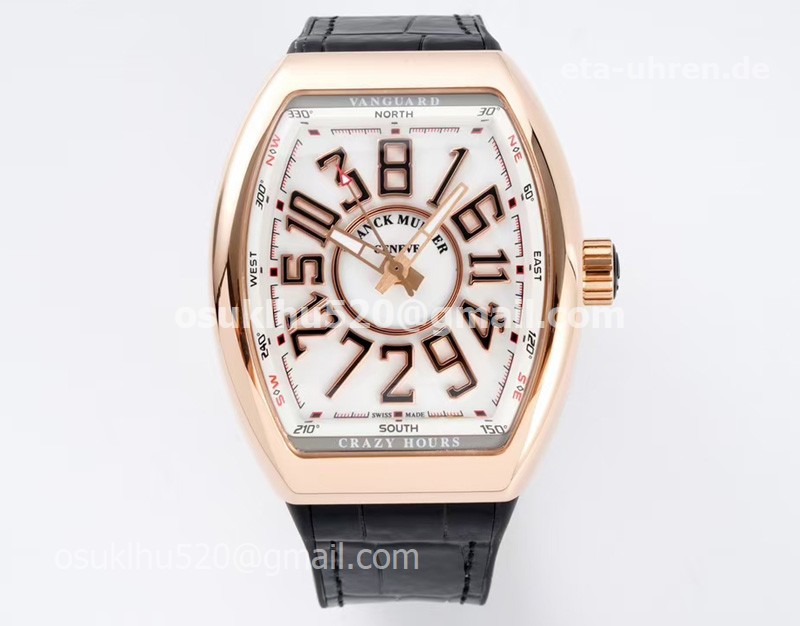 Franck Muller Vanguard Crazy Hours uhren Rosegold weißes Zifferblatt Lederarmband
